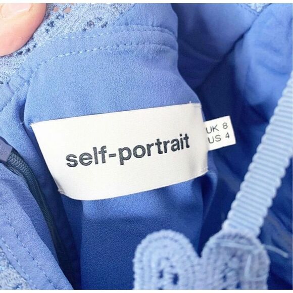 Self-Portrait Lace Peplum Mini Dress Blue Plunging Neck Strappy Back Women’s - 4 - Picture 11 of 12